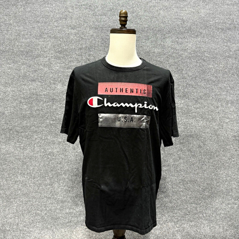 Champion Heritage 2XL Black T Shirt Authentic Logo Graphic Spellout USA Tee